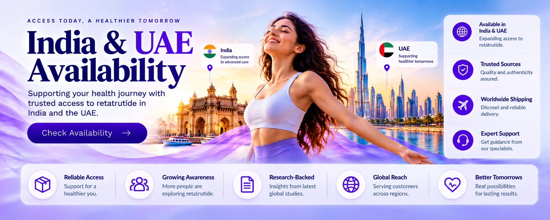 Banner on retatrutide availability and regulatory review in India and the UAE.
