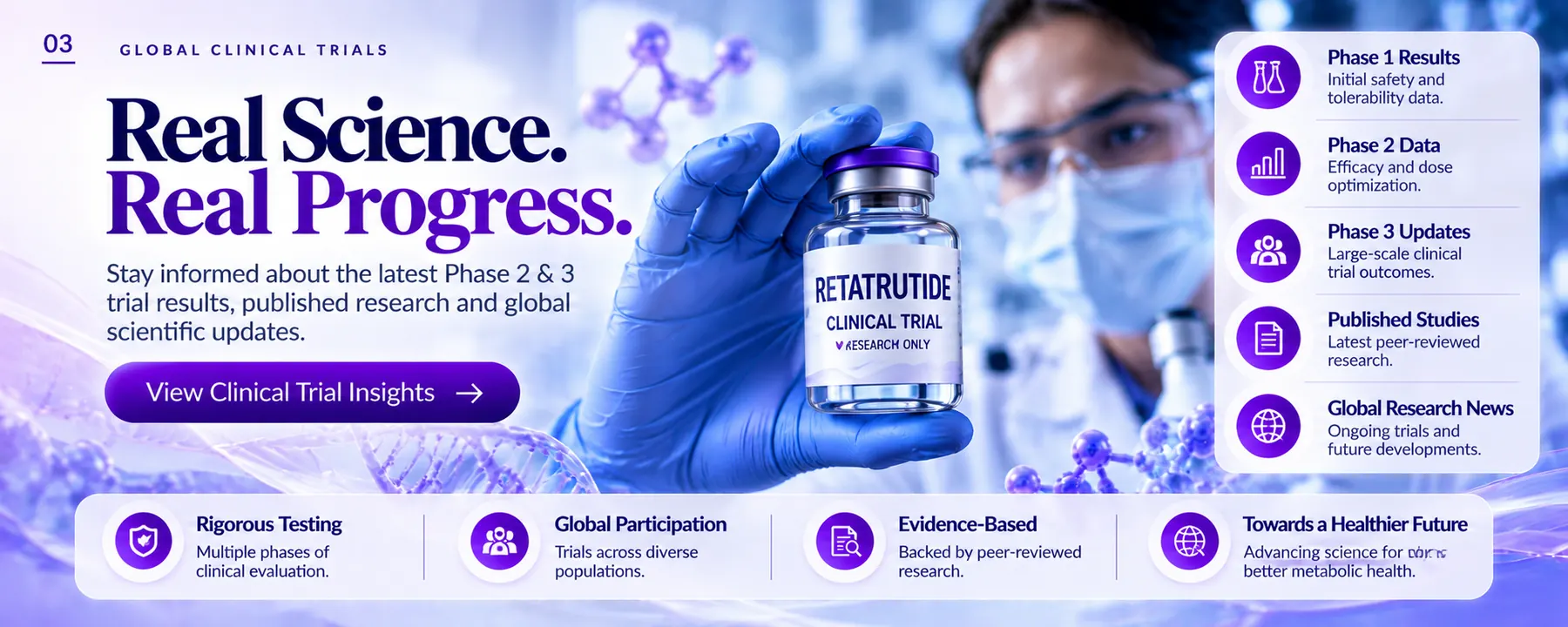 Banner on clinical research methods, showing laboratory and trial imagery.