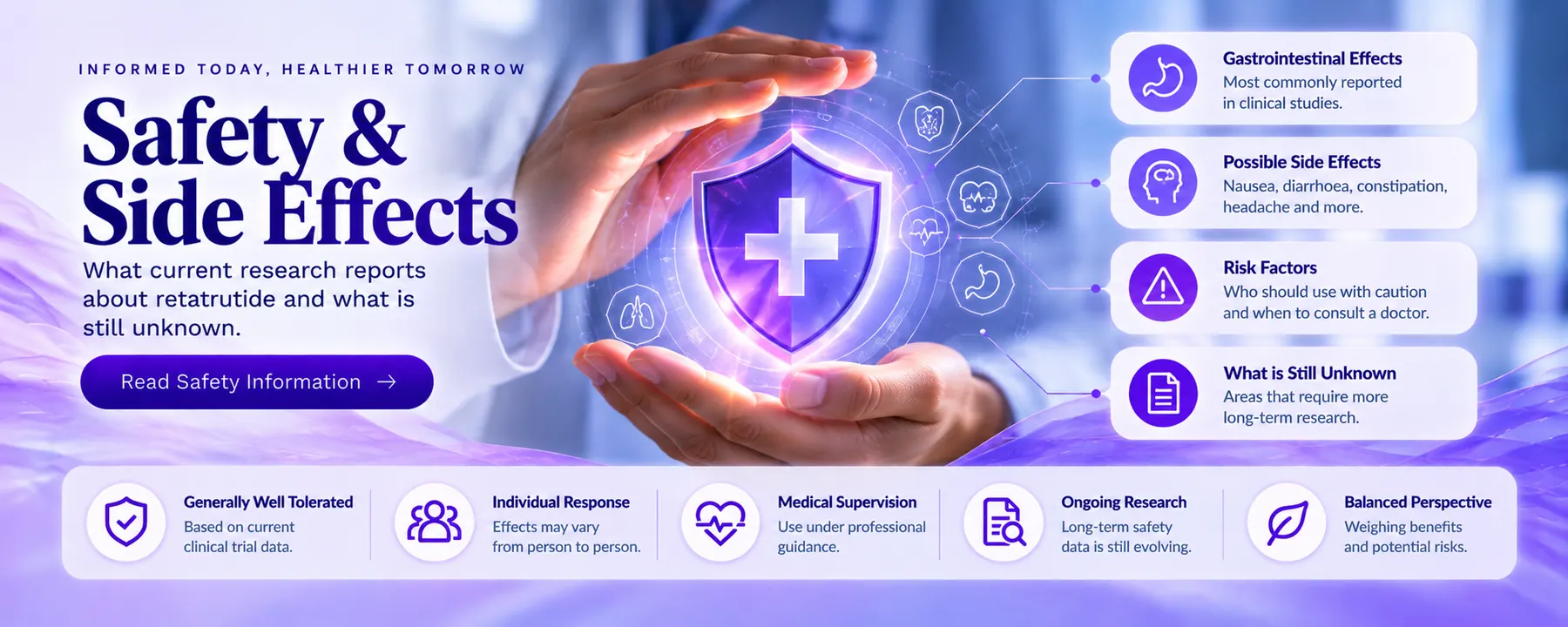 Banner on retatrutide safety and reported side effects from clinical studies.