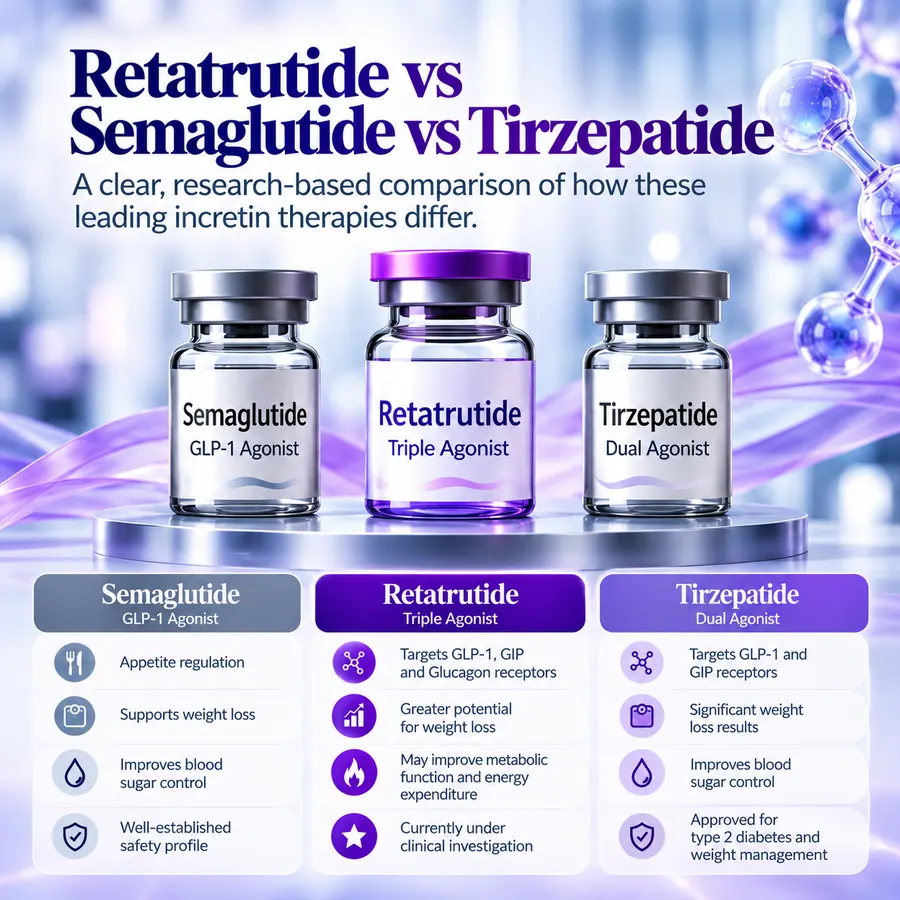 Graphic comparing semaglutide, retatrutide and tirzepatide as GLP-1, triple and dual receptor agonists.