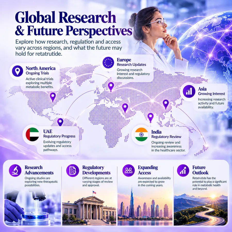 Infographic showing retatrutide research activity across global regions including North America, Europe, India and the UAE.