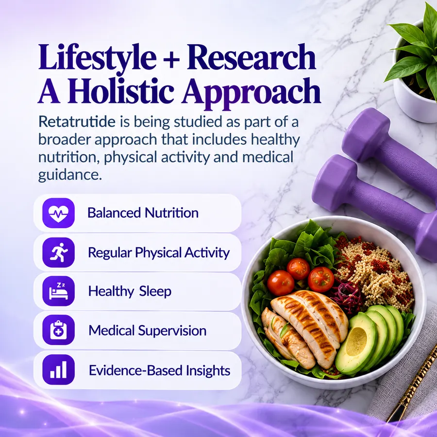 Infographic showing retatrutide being studied as part of a broader approach including balanced nutrition, regular physical activity, healthy sleep, medical supervision and evidence-based insights.