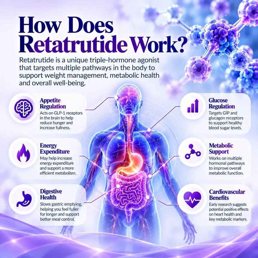 Infographic illustrating how retatrutide is being studied to support appetite regulation, energy expenditure, metabolic and cardiovascular measures.