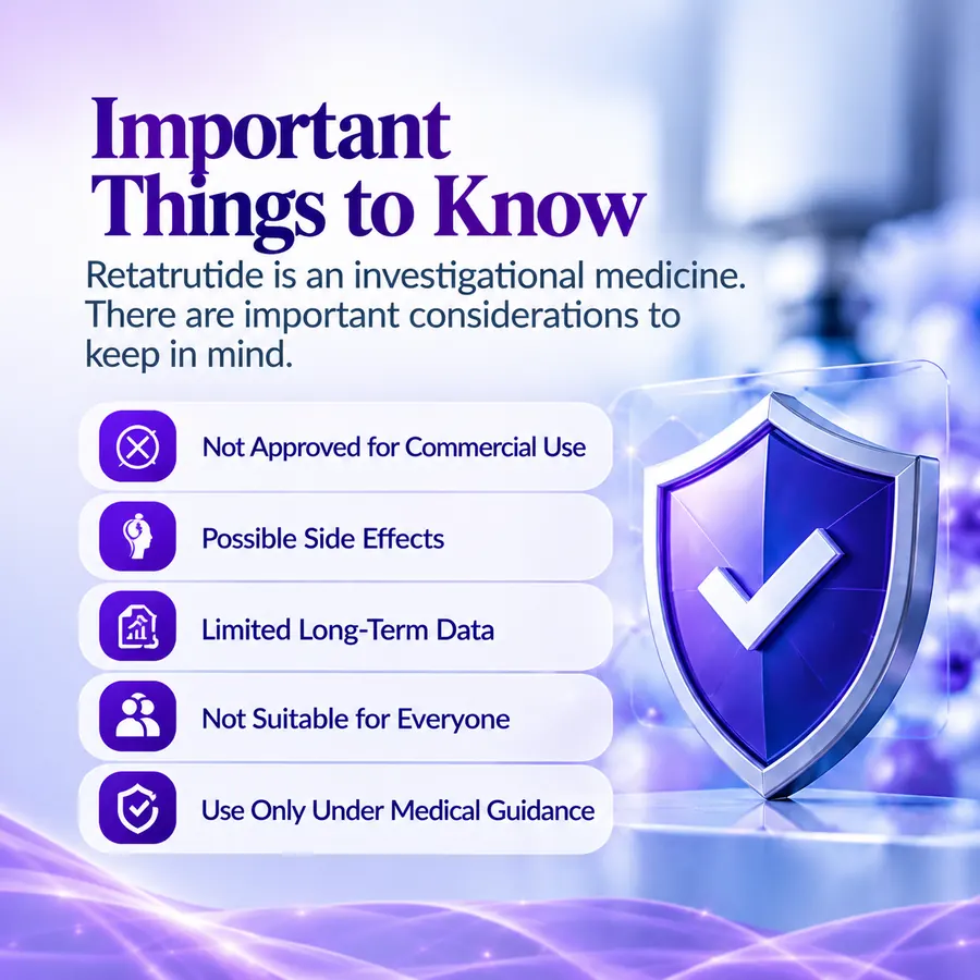 Infographic listing important things to know about retatrutide as an investigational medicine.