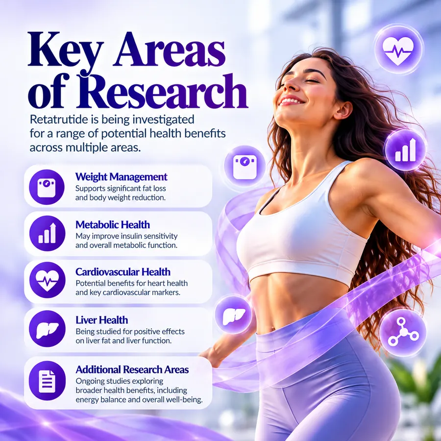 Infographic on key areas of retatrutide research: weight management, metabolic health, cardiovascular health, liver health and additional research areas.