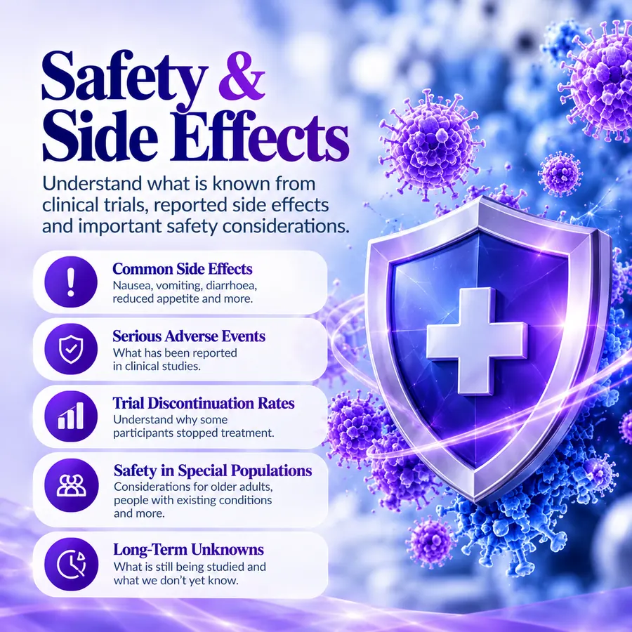 Infographic summarising retatrutide safety and side-effect categories reported in clinical studies.