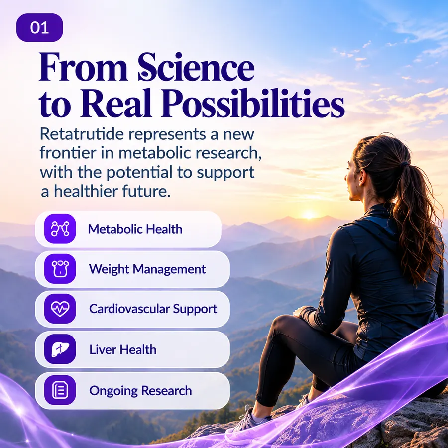 Infographic describing retatrutide as representing a new frontier in medical research with potential across metabolic health, weight management, cardiovascular support, liver health and ongoing research.