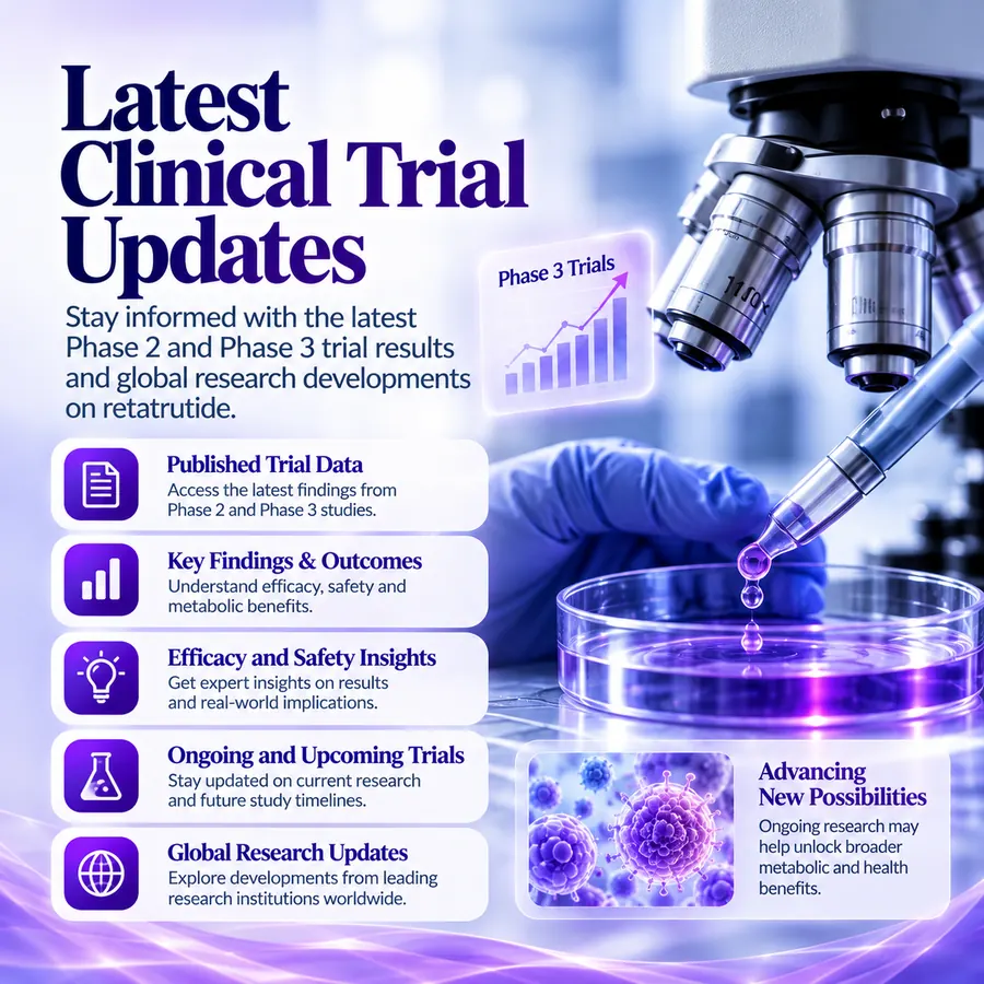 Infographic on the latest clinical trial updates, covering published trial data, efficacy and safety insights, ongoing studies and global research updates.